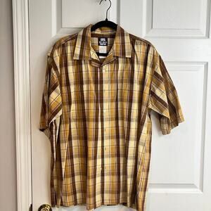 Vintage Big Smith Brown Yellow Plaid Short Sleeve Button Down Shirt Mens Size M